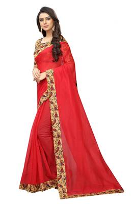 Red plain chanderi silk saree with blouse 2
