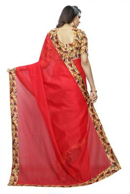 Red plain chanderi silk saree with blouse 3