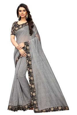 Grey plain chanderi silk saree with blouse 1