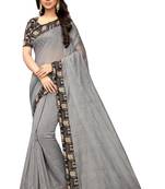 Grey plain chanderi silk saree with blouse