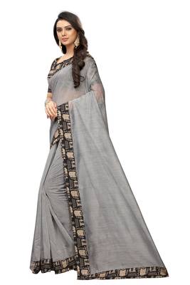 Grey plain chanderi silk saree with blouse 2