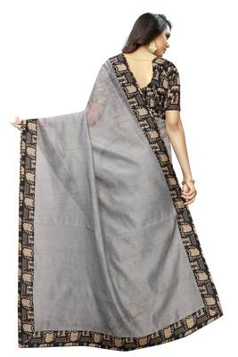 Grey plain chanderi silk saree with blouse 3