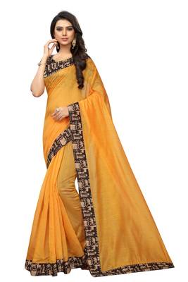 Mustard plain chanderi silk saree with blouse 1