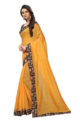 Mustard plain chanderi silk saree with blouse 2