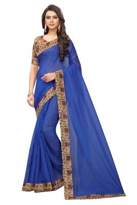 Blue plain chanderi silk saree with blouse 1