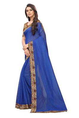Blue plain chanderi silk saree with blouse 2