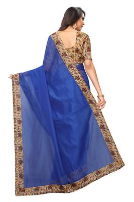 Blue plain chanderi silk saree with blouse 3