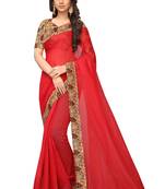 Red plain chanderi silk saree with blouse
