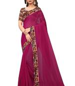 Rani pink plain chanderi silk saree with blouse