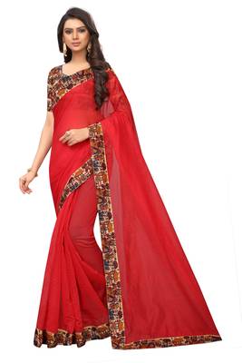 Red plain chanderi silk saree with blouse 1