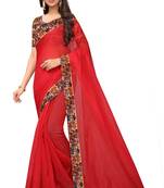 Red plain chanderi silk saree with blouse