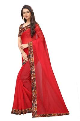 Red plain chanderi silk saree with blouse 2