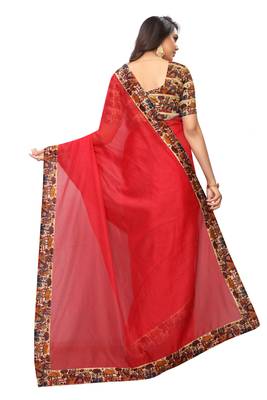 Red plain chanderi silk saree with blouse 3