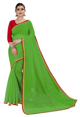 Dark green plain chanderi silk saree with blouse 1