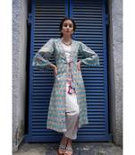 Ecru Cotton Kurti pant set with a Sky Blue Coverup