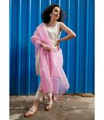 Ecru Cotton Lurex Stripe Sleeveless Kurti pant set with Baby pink Dupatta