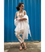 Ecru Cotton Lurex Stripe Sleeveless Kurti pant set with Baby pink Dupatta