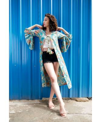 Blue Cotton Coverup with Floral Hand Block Print 1