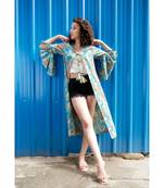 Blue Cotton Coverup with Floral Hand Block Print