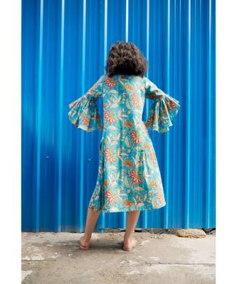 Blue Cotton Coverup with Floral Hand Block Print 2