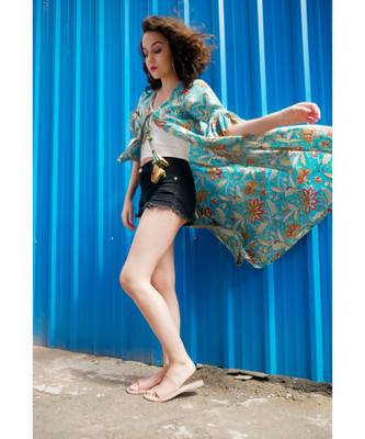 Blue Cotton Coverup with Floral Hand Block Print 3