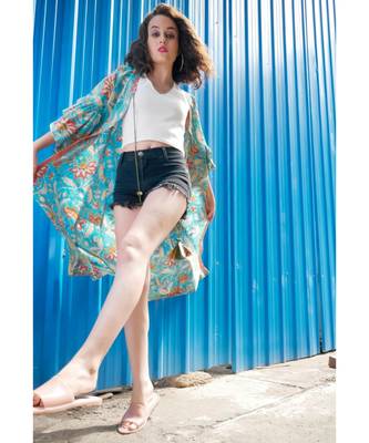Blue Cotton Coverup with Floral Hand Block Print 4