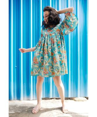 Blue Cotton Coverup with Floral Hand Block Print 1