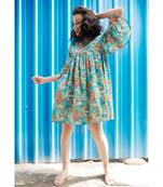 Blue Cotton Coverup with Floral Hand Block Print