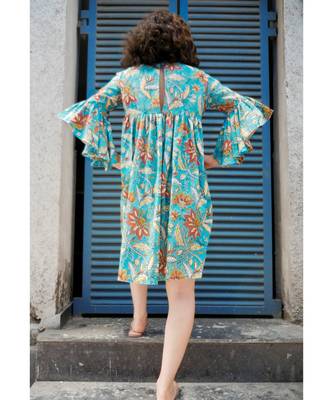 Blue Cotton Coverup with Floral Hand Block Print 2