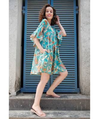 Blue Cotton Coverup with Floral Hand Block Print 3