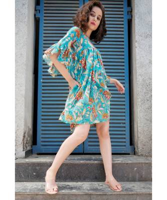 Blue Cotton Coverup with Floral Hand Block Print 4