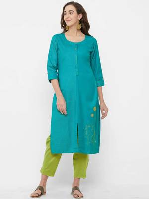 Turquoise embroidered rayon ethnic-kurtis 1