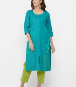 Turquoise embroidered rayon ethnic-kurtis