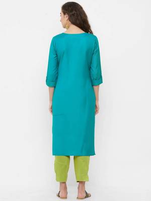 Turquoise embroidered rayon ethnic-kurtis 2