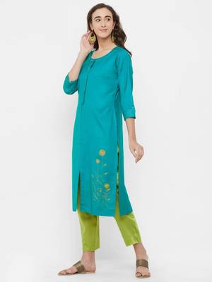 Turquoise embroidered rayon ethnic-kurtis 3