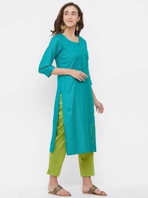 Turquoise embroidered rayon ethnic-kurtis 4