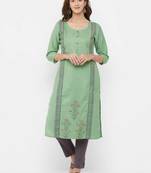 Green embroidered cotton ethnic-kurtis