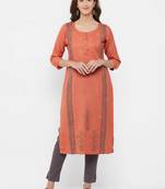 Orange embroidered cotton ethnic-kurtis