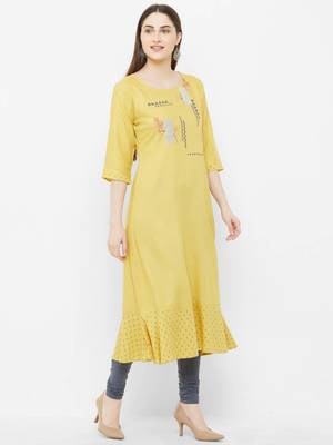 Yellow embroidered rayon ethnic-kurtis 3