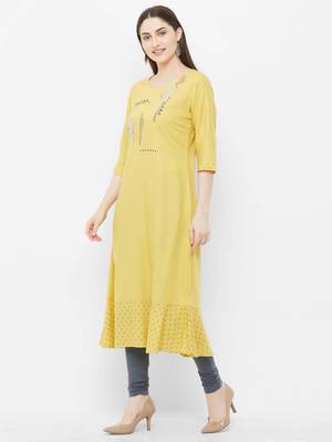 Yellow embroidered rayon ethnic-kurtis 4