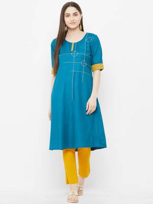 Blue plain satin ethnic-kurtis 1