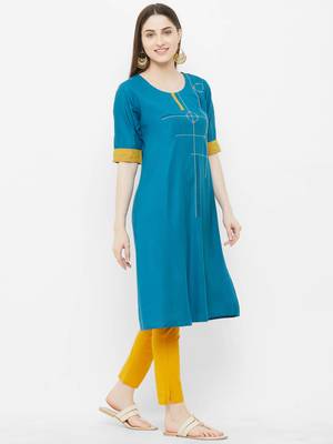 Blue plain satin ethnic-kurtis 3