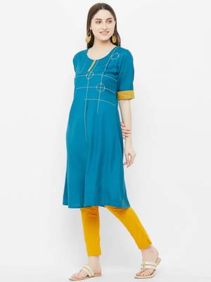 Blue plain satin ethnic-kurtis 4