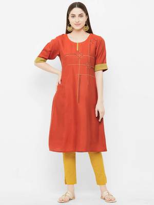 Orange plain satin ethnic-kurtis 1