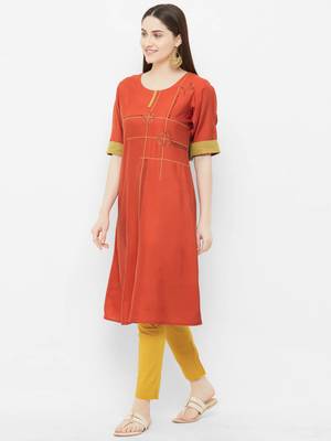Orange plain satin ethnic-kurtis 4