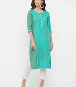 Green embroidered cotton ethnic-kurtis