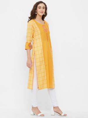 Yellow printed cotton ethnic-kurtis 3