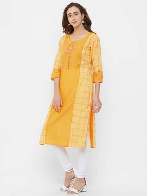 Yellow printed cotton ethnic-kurtis 4