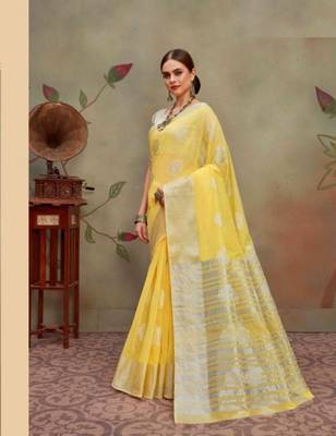 Yellow Silver Zari Linen Silk Traditional Sari 1