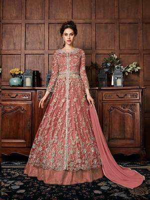 Pink Embroidered Net Semi Stitched Salwar With Dupatta 1